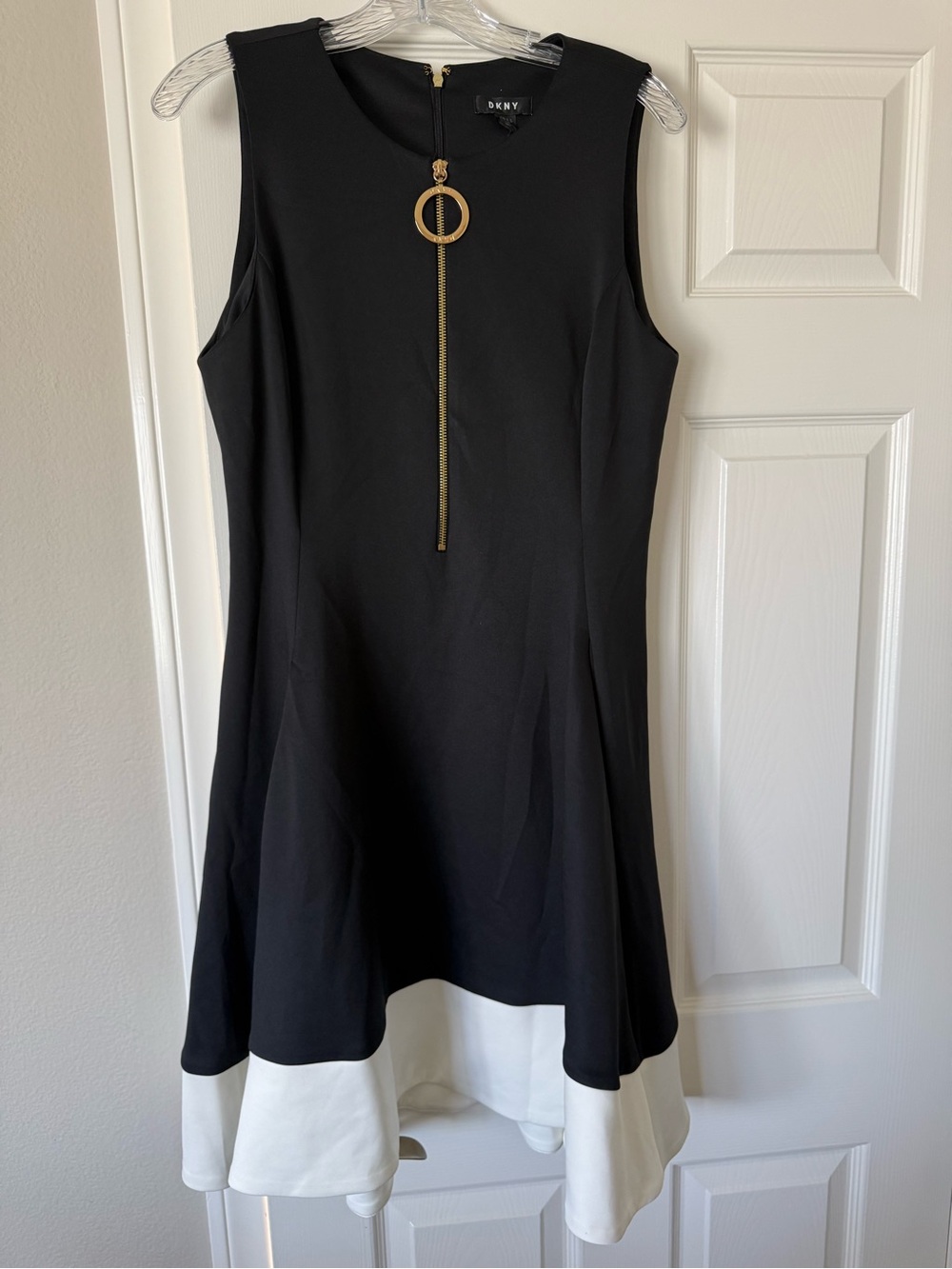 DKNY Black and White High-Low Sleeveless Dress with Gold Zip Pull